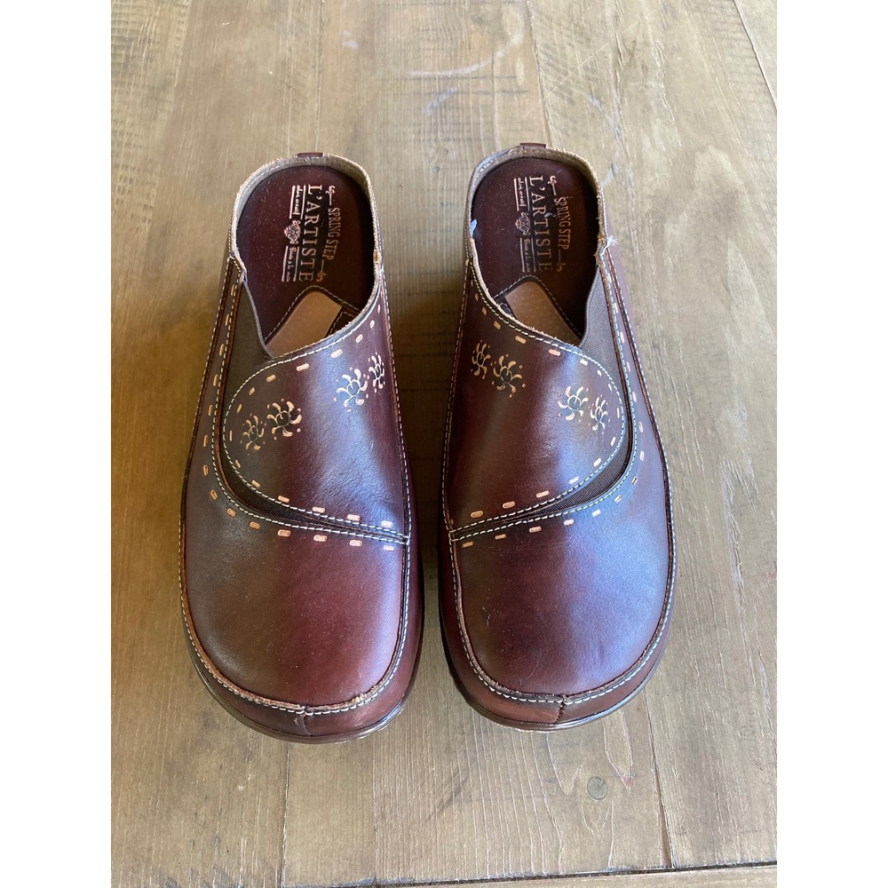 Spring Step L'Artiste Chino Brown Leather Hand Painted Clogs Mules Womens 41 9.5